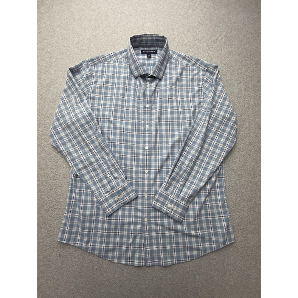 Mizzen+Main Leeward Dress Shirt Mens 2XL Blue Plaid Trim Fit Stretch Long Sleeve